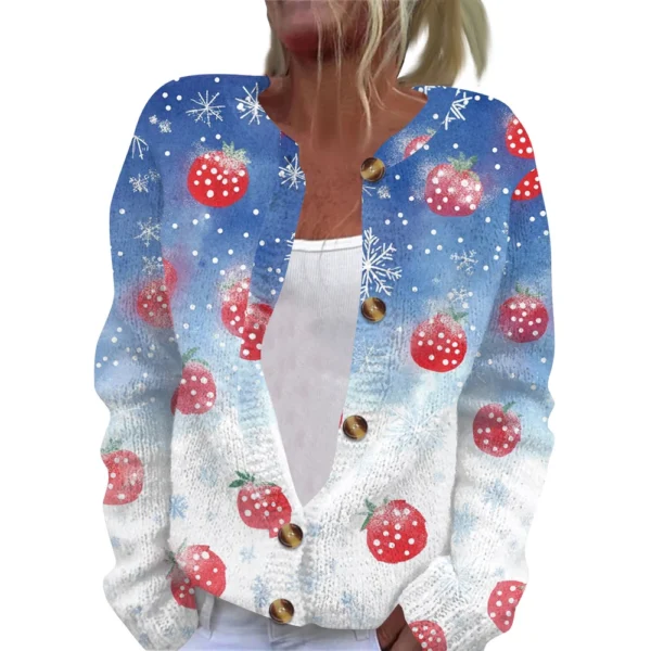 Women's Fashion Christmas Printed Long Sleeve Knitted Cardigan Button Down - Image 41