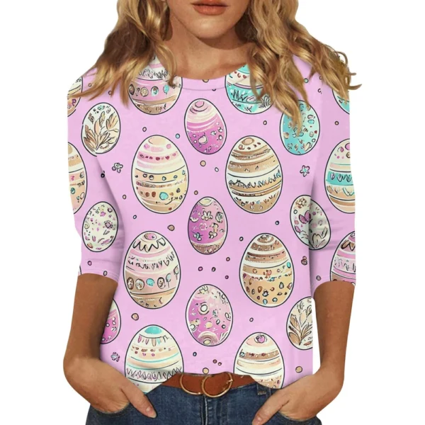 Women's Casual Fashion Easter Tops Plus Size Printed Basic 3/4 Sleeve Pullover - Image 23