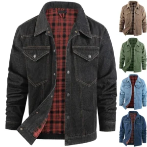 Mens Casual Outdoor Pocket Solid Color Fashion  Cowboy Flannel Jacket