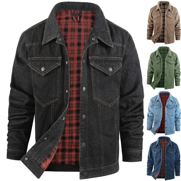 Mens Casual Outdoor Pocket Solid Color Fashion  Cowboy Flannel Jacket