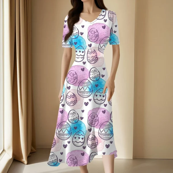 Ladies Casual Fashion Gradient Print V-Neck Short Sleeve Waist Long Swing Dress - Image 25