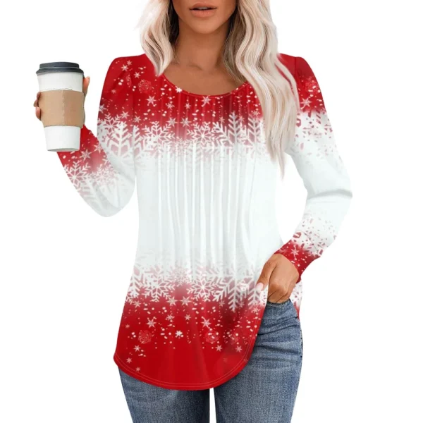 Women's Casual Christmas T-Shirt Round Neck Printed Pleated Long Sleeved Top - Image 10