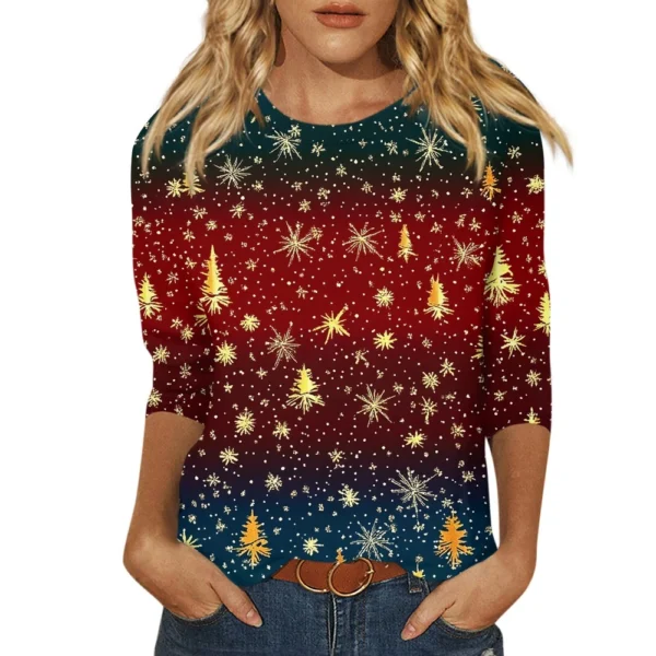 Ladies Loose Casual Round Neck T-Shirt Printed 3/4 Sleeve Christmas Women's Top - Image 23