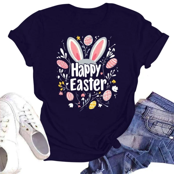 Happy Easter Women's Fashion Printed Round Neck Short Sleeve T-Shirt Pullover - Image 22