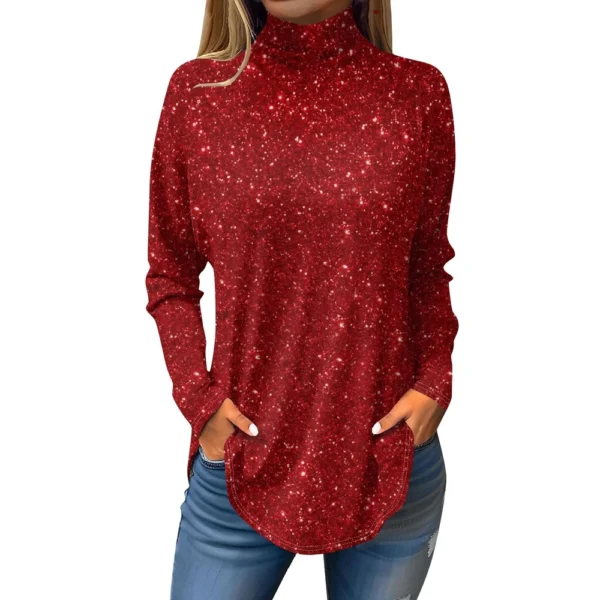 Women's Casual Christmas High Neck Pullover Long Sleeve Printed Fashion T-Shirt - Image 38