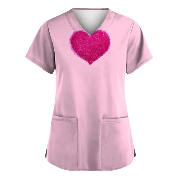 Women's Valentine's Day Printed  Uniform Work Uniform V-Neck Pocket Protective - Image 3