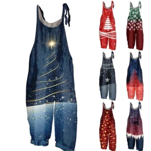 Women's Vintage Loose Christmas Casual Shoulder Strap Jumpsuit Print
