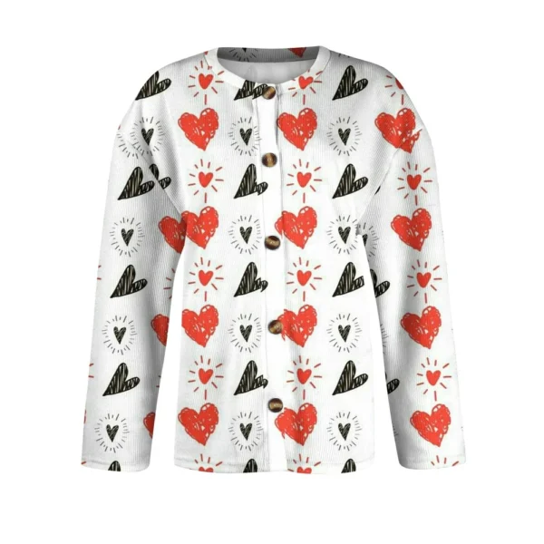 Women's Fashion Printed Valentine's Day Long Sleeved Knitted Cardigan Button - Image 9