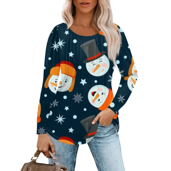Women's Christmas Printed Top Round Neck Casual Pleated Long Sleeved T-Shirt - Image 25