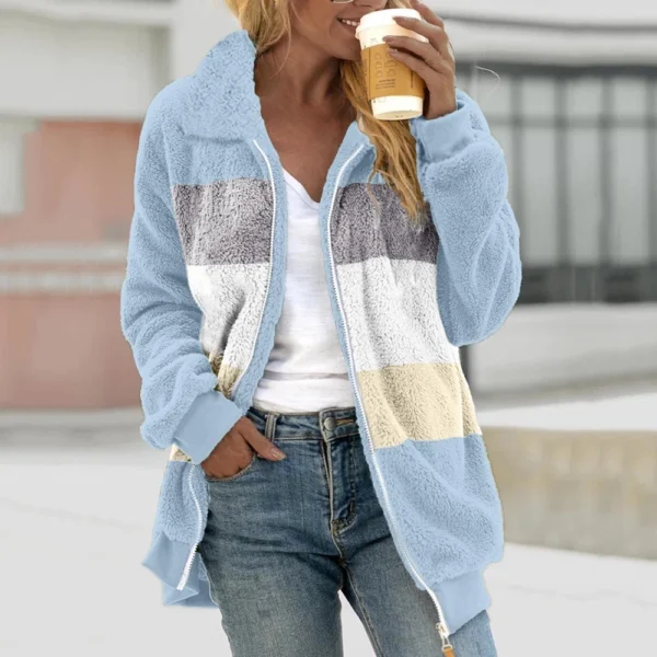 Women's Casual Color Blocking Loose Plush Zippered Flip Collar Jacket With - Image 28