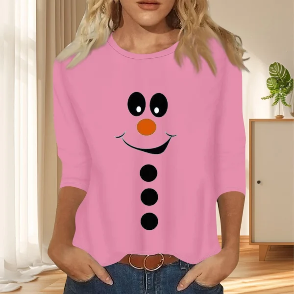 Women's Christmas Casual Round Neck T-Shirt Printed 3/4 Sleeve Loose Ladies Top - Image 25