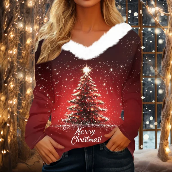 Women's Christmas Shirt Long Sleeve Top Fleece Collar Party V Neck T Shirt - Image 13