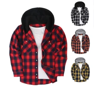 Thick long-sleeved hooded plaid shirt for men loose