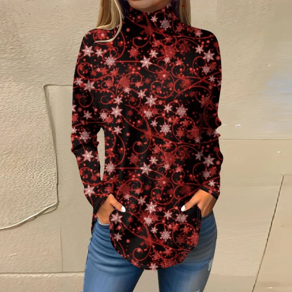 Women's Casual Printed High Neck Fashion Long Sleeve Pullover Christmas T-Shirt - Image 19