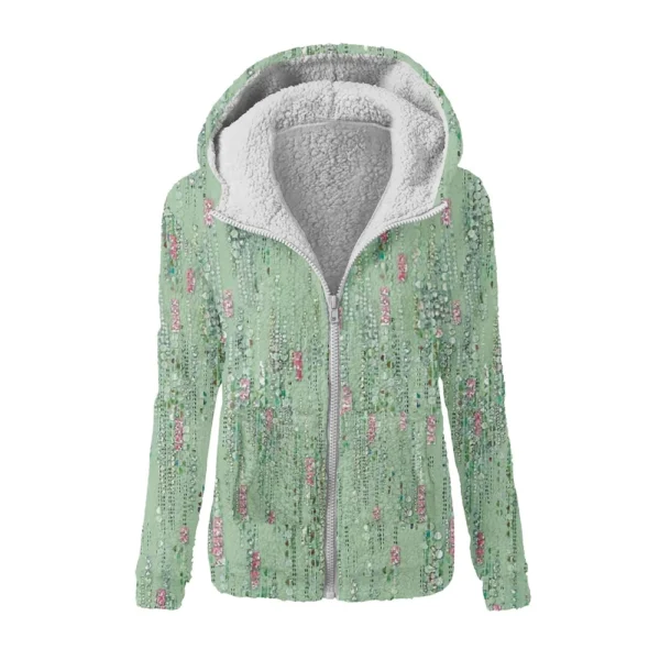 Women's Fashion Retro Floral Print Hooded Plush Casual Top Zipper Jacket - Image 8