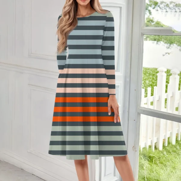 Women's Casual Fashion Round Neck Long Sleeve Print Midi Dress - Image 21
