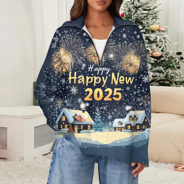 Women's Casual Half Zipper Lapel Christmas Printed Pullover Top Side Slit - Image 13