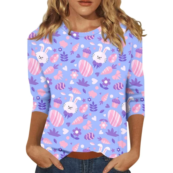 Women's Tops 3/4 Sleeve Casual Fashion Plus Size Basic Easter Printed Pullover - Image 4