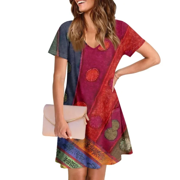 Ladies' Casual And Fashionable V-neck Short Sleeve Printing Mid Length Dress - Image 19