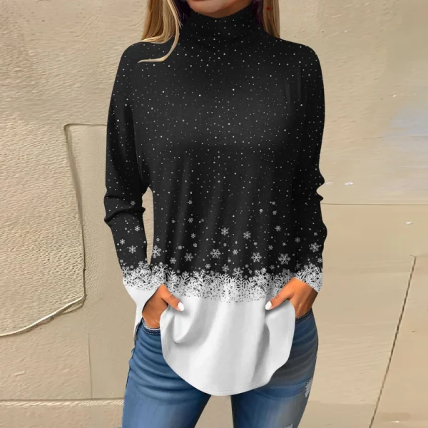 Women's Casual Christmas High Neck Pullover Long Sleeve Printed Fashion T-Shirt - Image 13