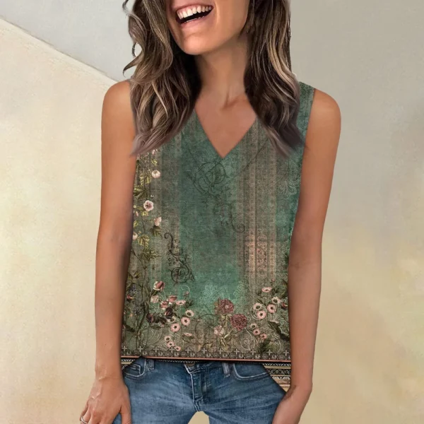 Tank Top Women Casual Printed Soft Summer V Neck Sleeveless Tops - Image 22
