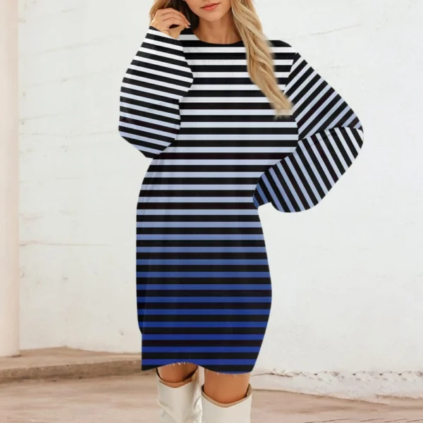Women's Round Neck Casual Long Sleeve Plush Gradient Stripe Dresses - Image 36