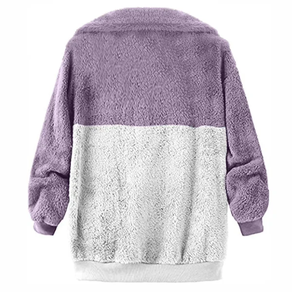 Women's Casual Color Blocking Loose Plush Zippered Flip Collar Jacket With - Image 10