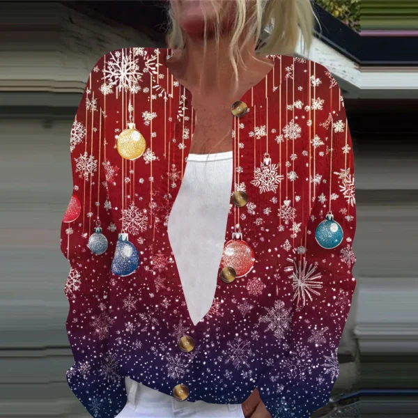 Women's Fashion Christmas Printed Long Sleeve Knitted Cardigan Button Down - Image 37