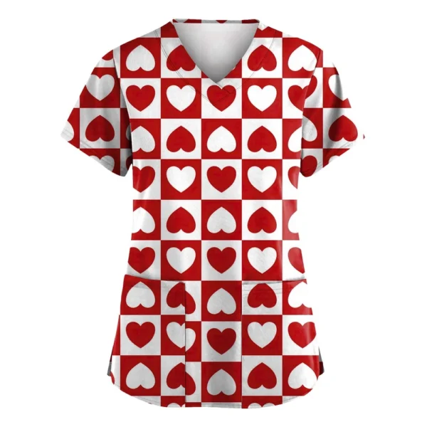 Women's Valentine's Day Printed  Uniform Work Uniform V-Neck Pocket Protective - Image 17