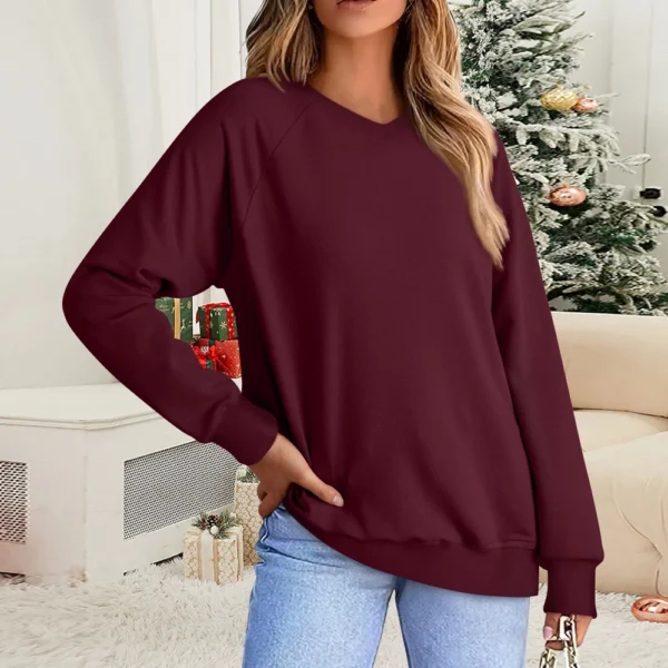 Women's Fashion Sweatshirt V-neck Long Sleeve Solid Color Casual Loose Pullover - Image 37