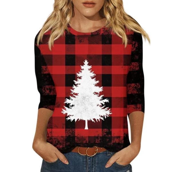 Ladies Loose Casual Round Neck T-Shirt Printed 3/4 Sleeve Christmas Women's Top - Image 47
