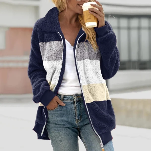 Women's Casual Color Blocking Loose Plush Zippered Flip Collar Jacket With - Image 31