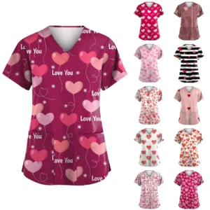 Women's Valentine's Day Printed  Uniform Work Uniform V-Neck Pocket Protective