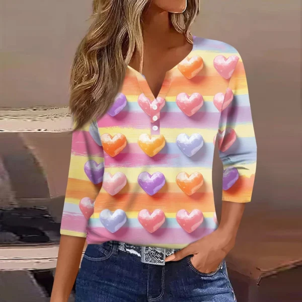 Women's T Shirt Tee Valentine's Day Print Button 3/4 Sleeve Daily Weekend - Image 34