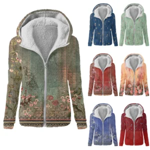 Women's Fashion Retro Floral Print Hooded Plush Casual Top Zipper Jacket