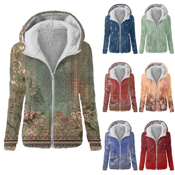 Women's Fashion Retro Floral Print Hooded Plush Casual Top Zipper Jacket