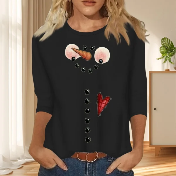 Ladies Casual Christmas Printed Top Round Neck 3/4 Sleeve Loose Women's T-Shirt - Image 13
