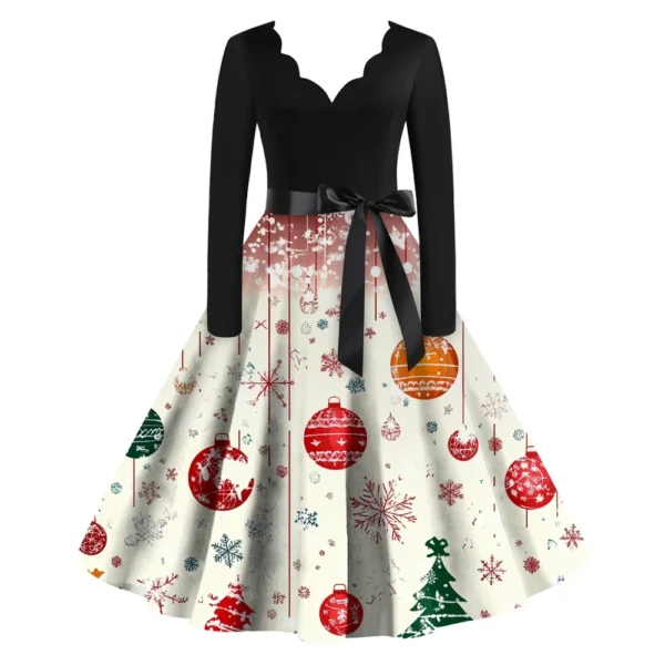 Women's Casual V-Neck Christmas Printed Fashion Long Sleeve Slim Dresses - Image 8