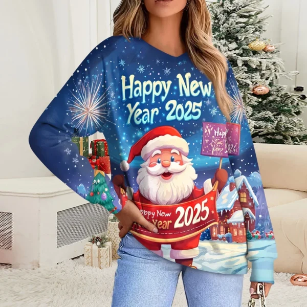 Women's Casual Fashion Comfortable Raglan Sleeve V-Neck Christmas Print - Image 37