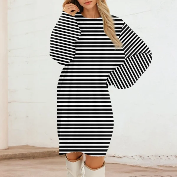Women's Round Neck Casual Long Sleeve Plush Gradient Stripe Dresses - Image 12