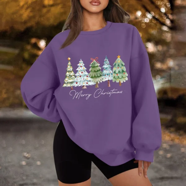 Women's Casual Fashion Long Sleeve Christmas Print Round Neck Sweatshirt Top - Image 39