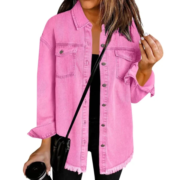 Women's Fashion Denim Shirt Jacket Milled Hem Button Casual Long Sleeve Jacket - Image 29