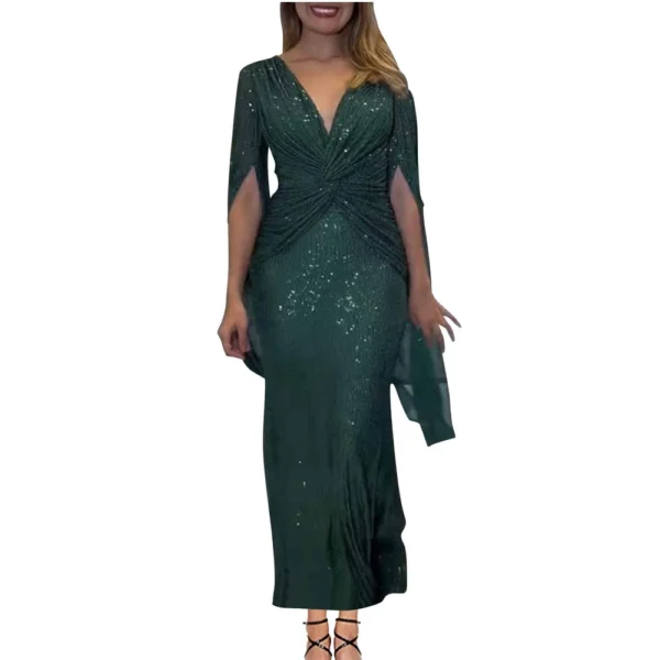 Women's Fashionable Solid Color V Neck Sequin Sexy Evening Dress Party Long - Image 19