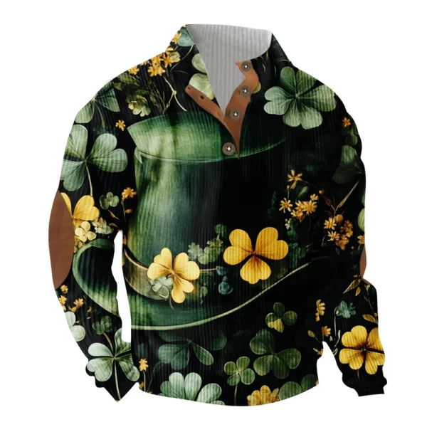 Knit Printed 3 Button - Corduroy Men's Standing Collar Pocket Sweatshirt - Image 7