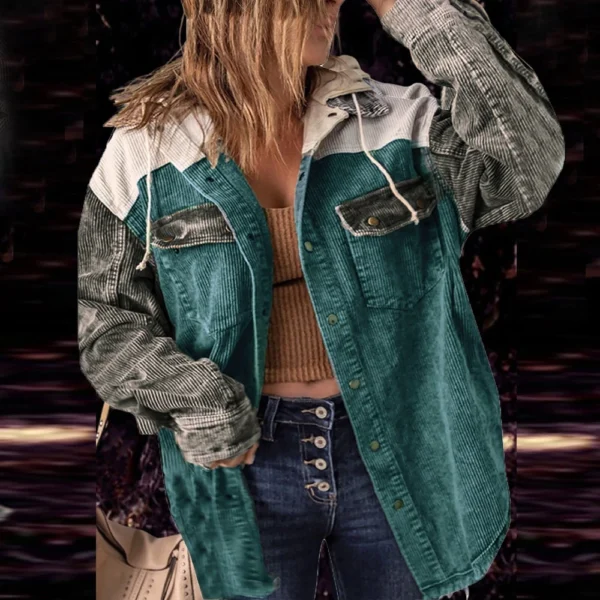 Women's Contrasting Splicing Double Pocket Hooded Jacket - Image 13