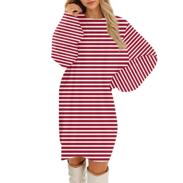 Women's Round Neck Casual Long Sleeve Plush Gradient Stripe Dresses - Image 28