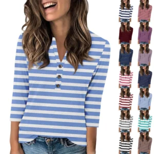 Women's Fashion Casual Loose 3/4 Sleeve Striped Printed Round Neck Top