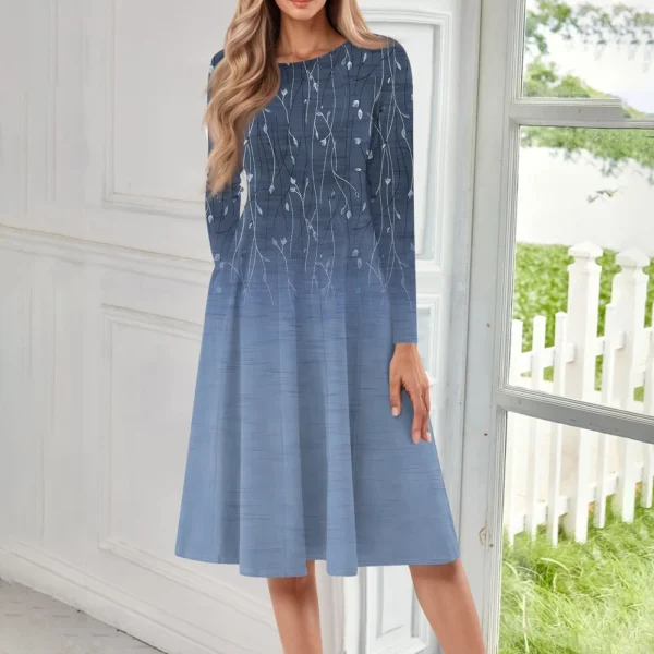 Women's Casual Fashion Round Neck Long Sleeve Print Midi Dress - Image 16
