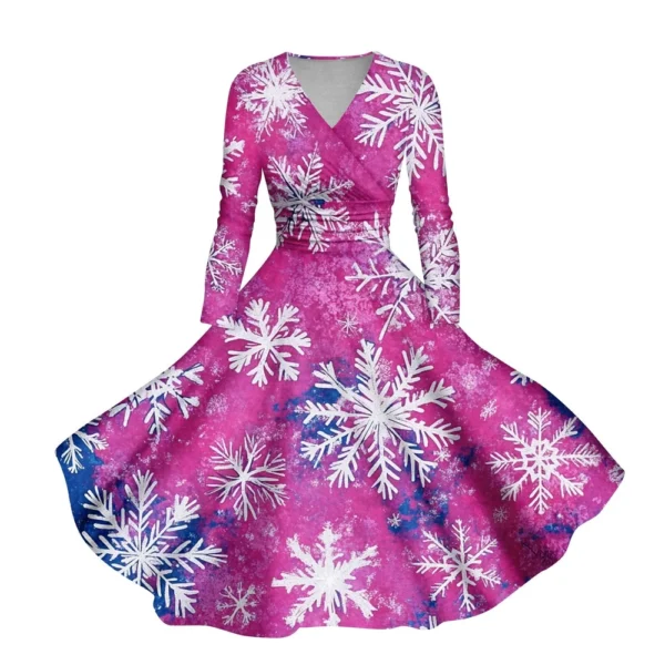 Women's Casual V-Neck Slim Fashion Christmas Long Sleeve Printed Dresses - Image 26