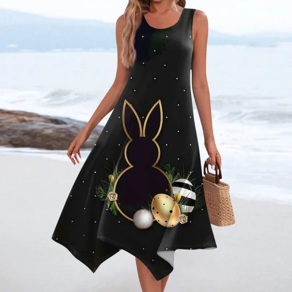Women's Casual Fashion Round Neck Sleeveless Print Irregular Hem Midi Dress - Image 13